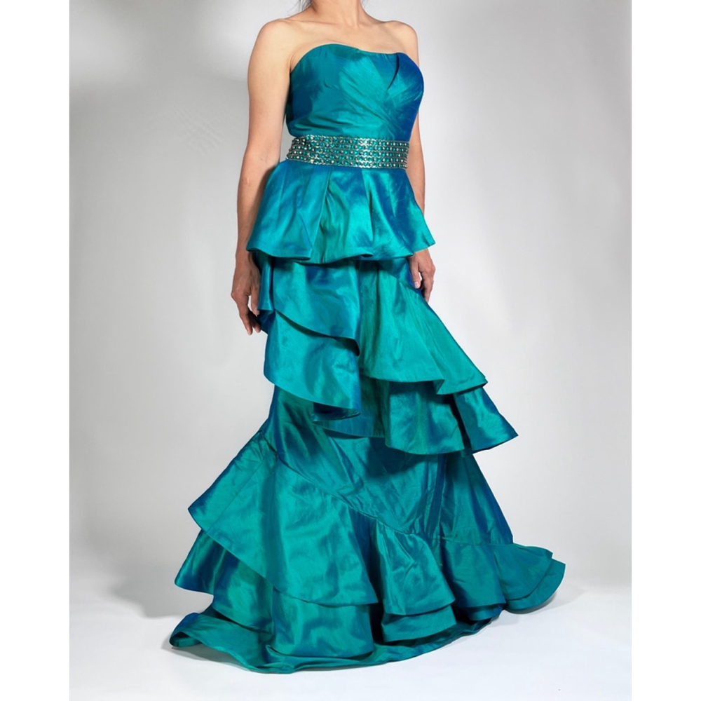 Women's JOVANI Silk Teal Mermaid Prom Jewelled Dress Size 12 - Picture 5 of 17